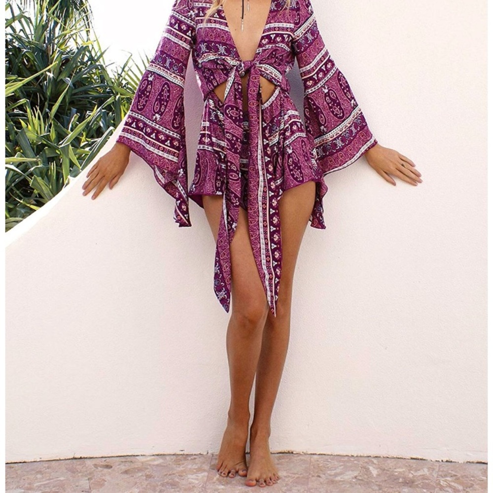 Boho Chic Festival Tie Front Cutout Flowy Romper - Picture 6 of 7